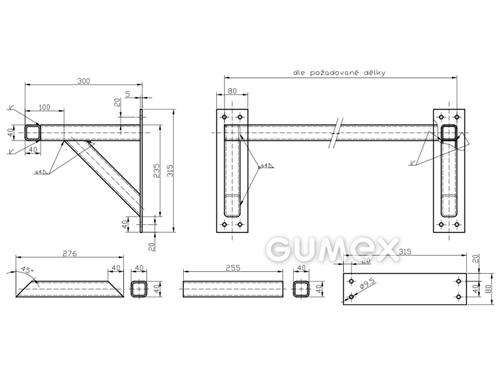 Halterung zum Aufhängen von Folien mit Stützen, Breite 4000mm, Tiefe 300mm, mit Profil 40x40x4mm, 